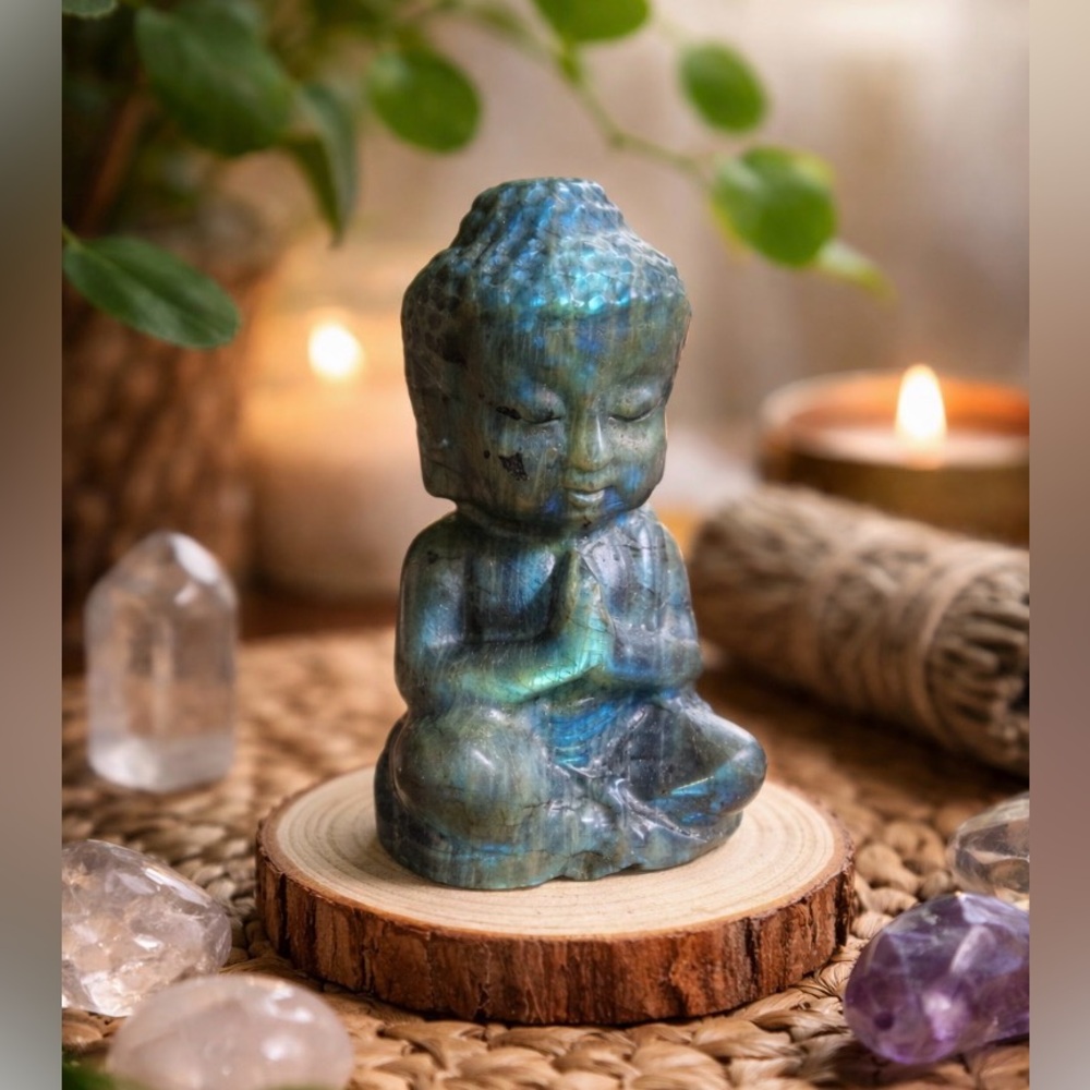 Flashy Labradorite Buddha Crystal Statue Meditation 3.12" Spiritual Energy Stone